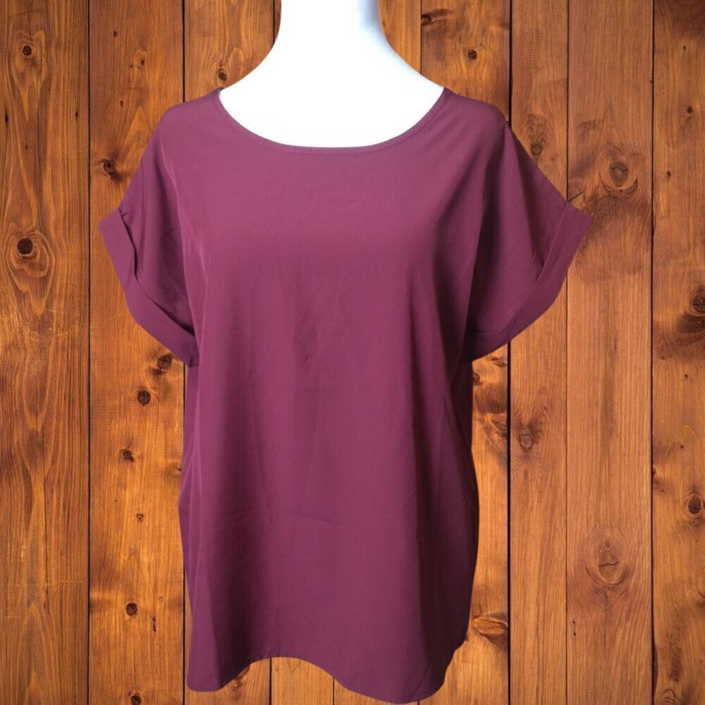 SHEIN Cuffed Burgundy Pullover Blouse Top Short Sleeve Size Large Office Classic
